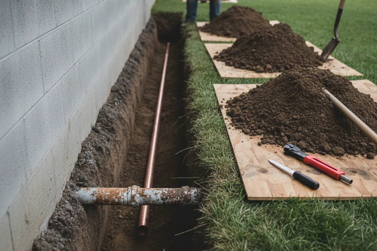 Excavated water line trench during Water Heater Repair in Sag Harbor